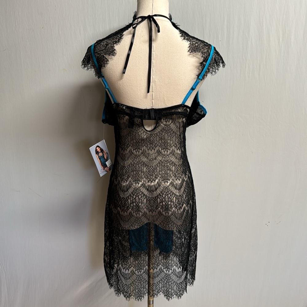 Dreamgirl Eyelash Lace Collared Blue & Black Chemise Size XL - Picture 6 of 16